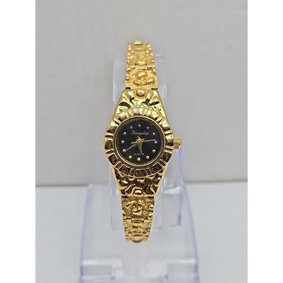 Hampden Women Quartz Goldtone Nugget Bracelet Watch Japan Movt New Battery Black - Picture 1 of 10